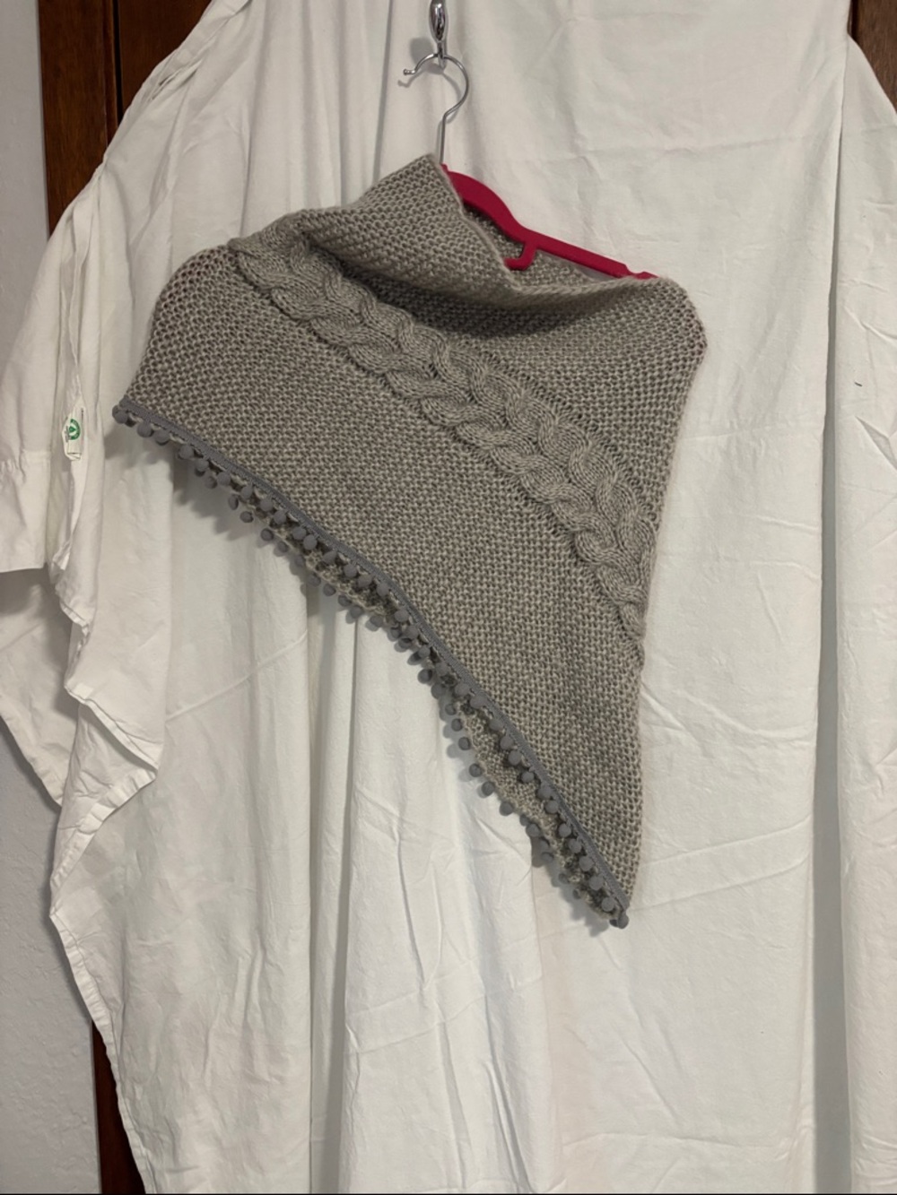Source Unknown Gray Cable Knit Poncho with Pom-Pom Trim